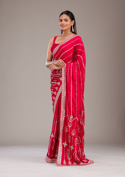 Red Zariwork Satin Saree-Koskii