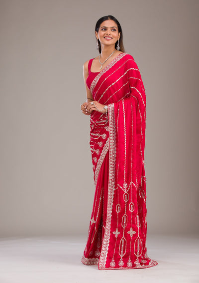 Red Zariwork Satin Saree-Koskii