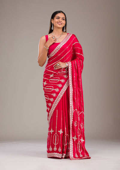 Red Zariwork Satin Saree-Koskii