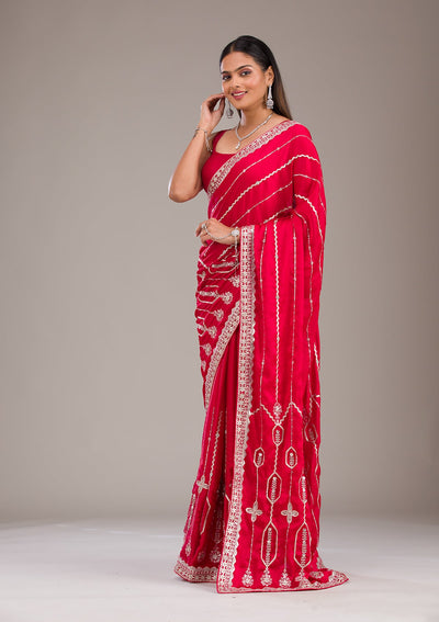 Red Zariwork Satin Saree-Koskii