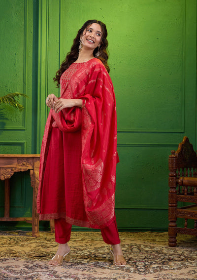 Red Zariwork Semi Crepe Readymade Salwar Suit-Koskii