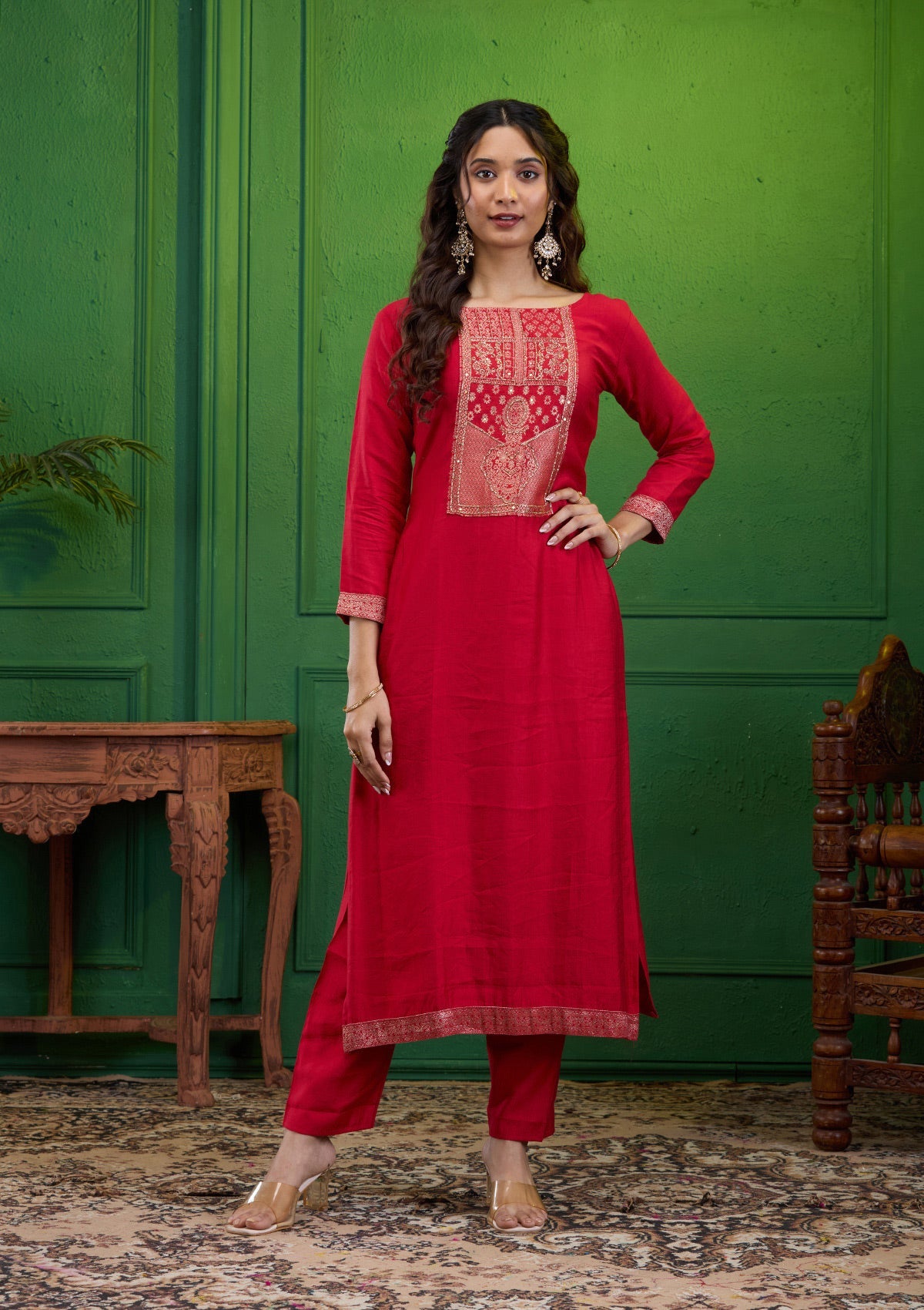 Red Zariwork Semi Crepe Readymade Salwar Suit-Koskii