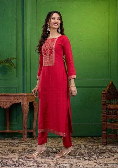 Red Zariwork Semi Crepe Readymade Salwar Suit-Koskii