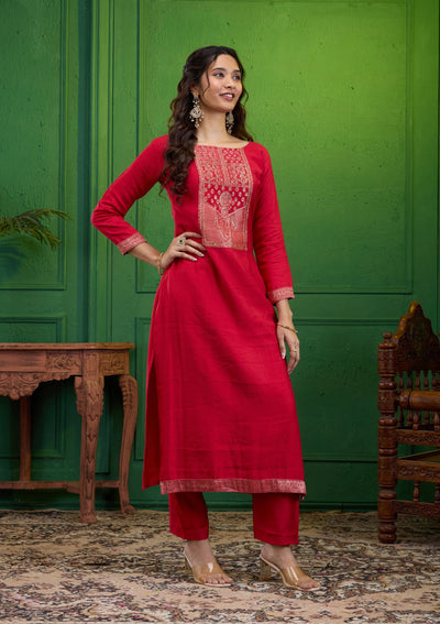 Red Zariwork Semi Crepe Readymade Salwar Suit-Koskii