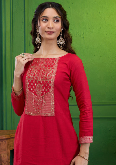 Red Zariwork Semi Crepe Readymade Salwar Suit-Koskii