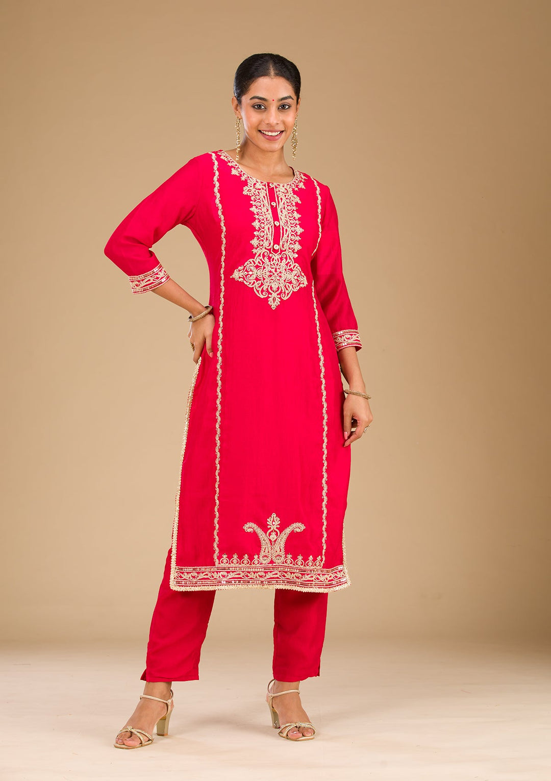 Red Zariwork Semi Crepe Readymade Salwar Suit-Koskii