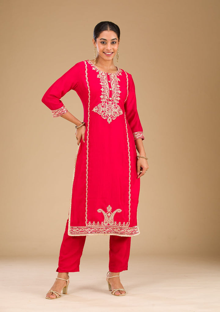 Red Zariwork Semi Crepe Readymade Salwar Suit-Koskii