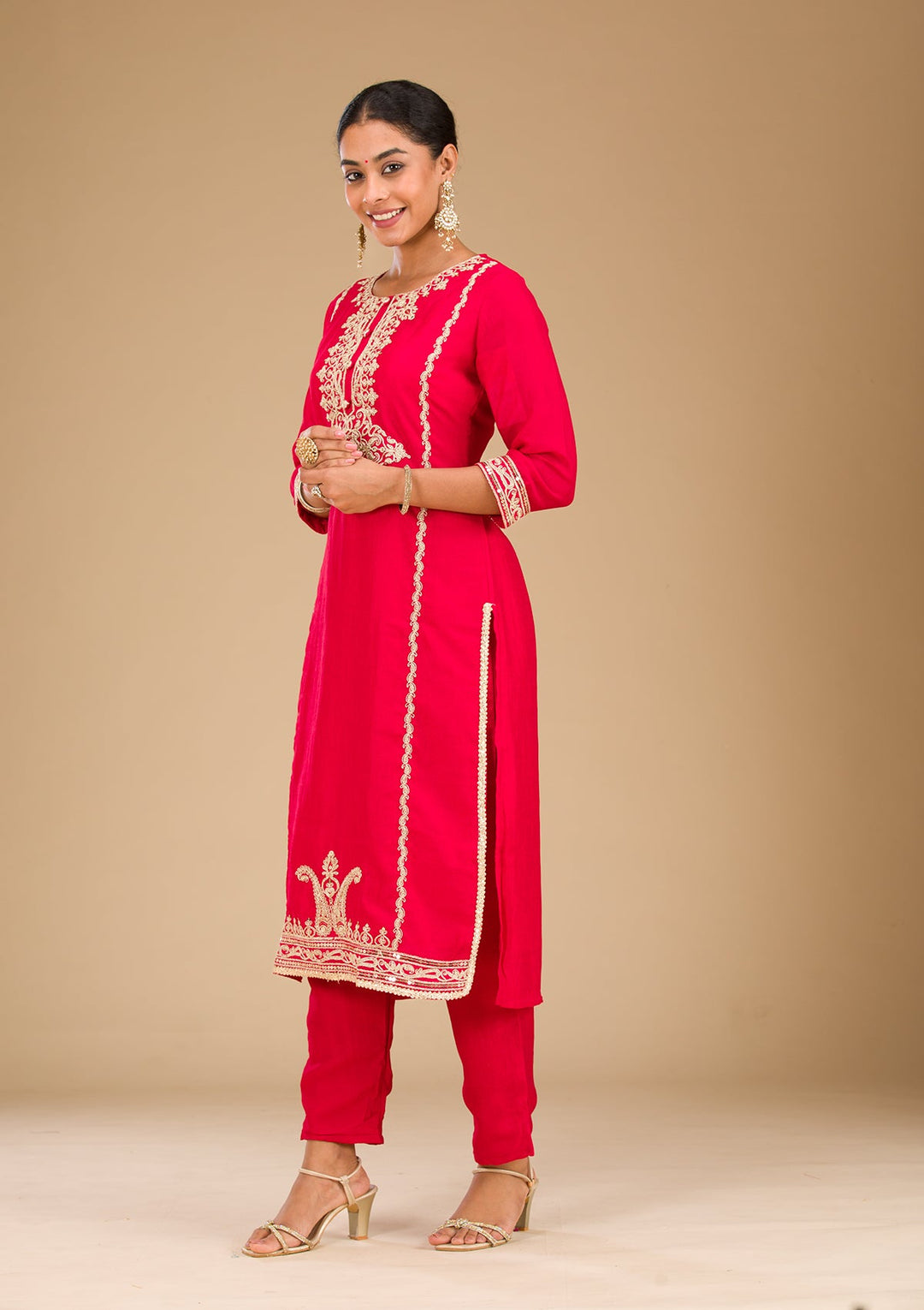 Red Zariwork Semi Crepe Readymade Salwar Suit-Koskii