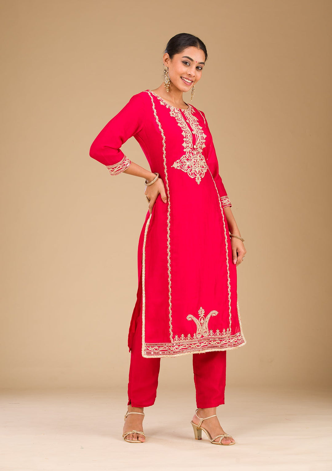 Red Zariwork Semi Crepe Readymade Salwar Suit-Koskii