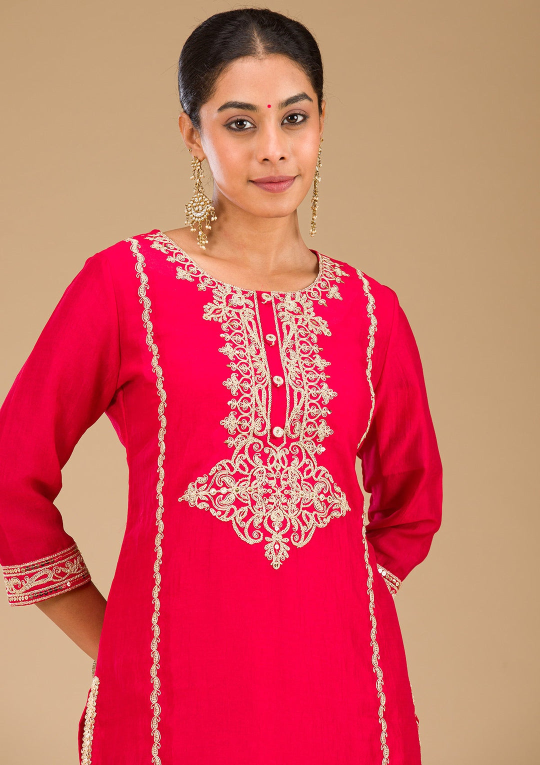 Red Zariwork Semi Crepe Readymade Salwar Suit-Koskii