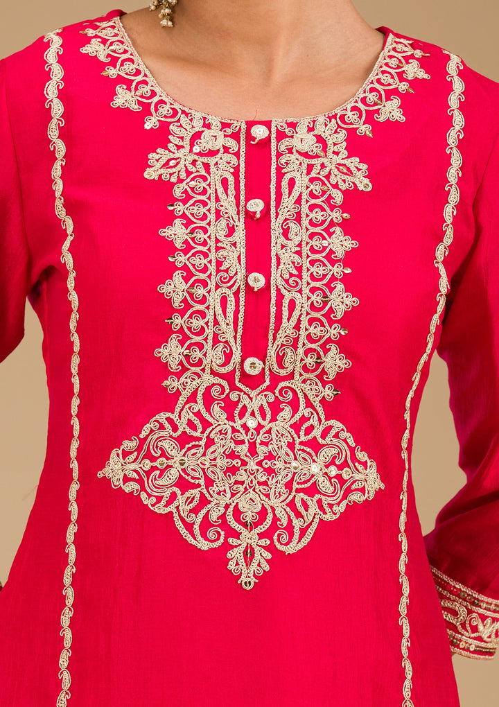 Red Zariwork Semi Crepe Readymade Salwar Suit-Koskii