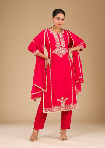 Red Zariwork Semi Crepe Readymade Salwar Suit-Koskii