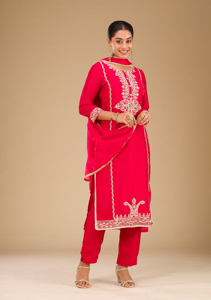 Red Zariwork Semi Crepe Readymade Salwar Suit-Koskii