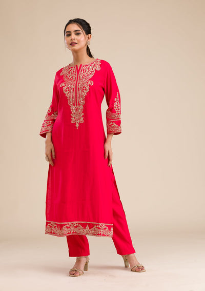 Red Zariwork Semi Crepe Readymade Salwar Suit-Koskii