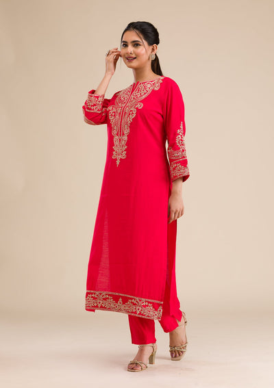 Red Zariwork Semi Crepe Readymade Salwar Suit-Koskii