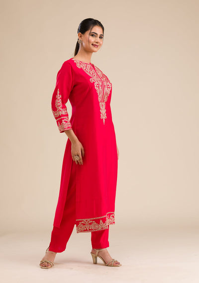 Red Zariwork Semi Crepe Readymade Salwar Suit-Koskii