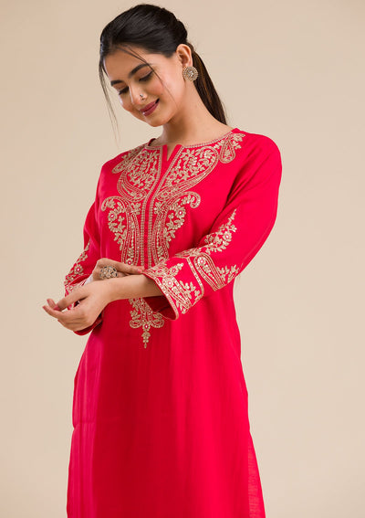 Red Zariwork Semi Crepe Readymade Salwar Suit-Koskii