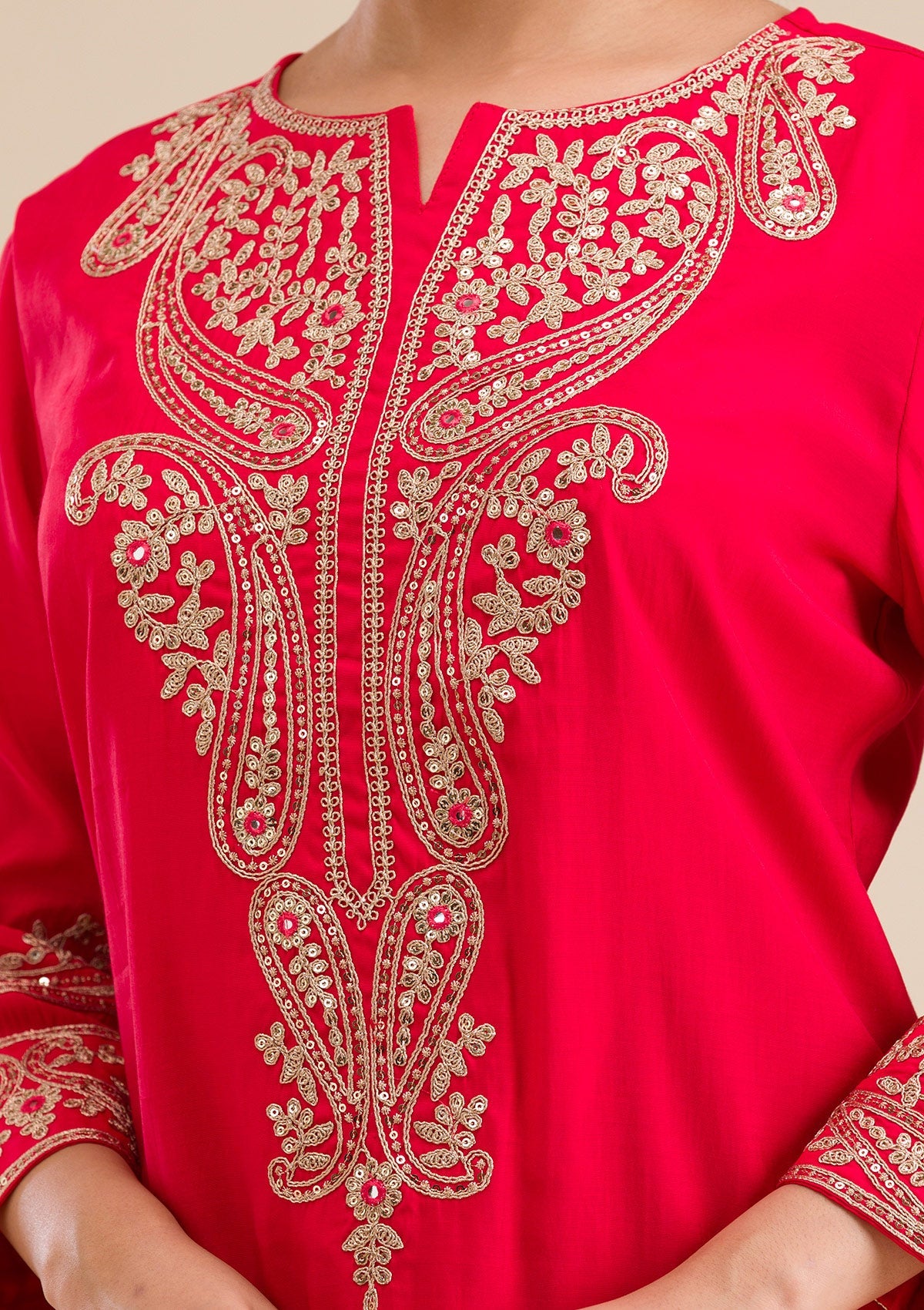 Red Zariwork Semi Crepe Readymade Salwar Suit-Koskii