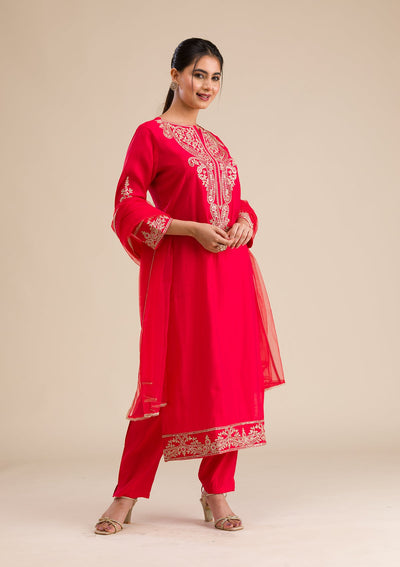 Red Zariwork Semi Crepe Readymade Salwar Suit-Koskii