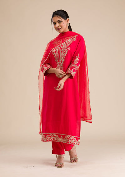 Red Zariwork Semi Crepe Readymade Salwar Suit-Koskii