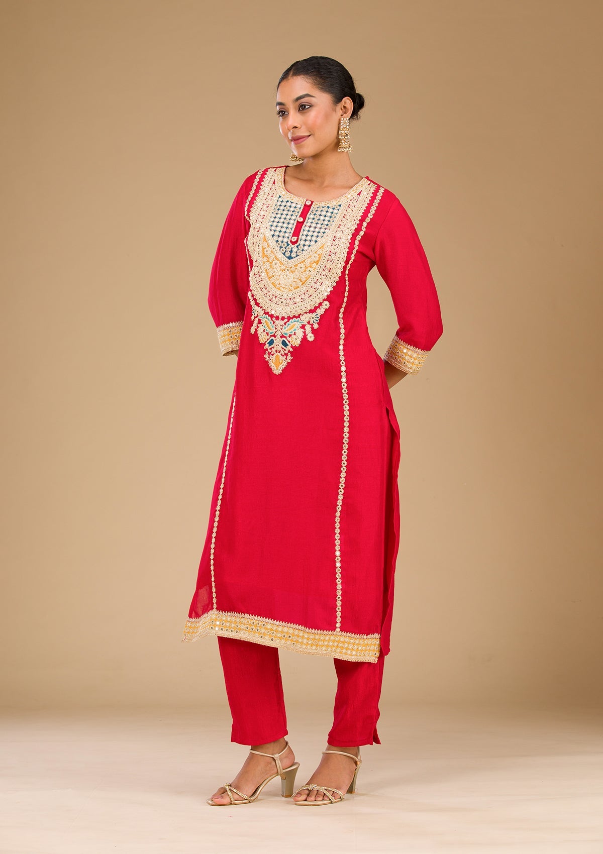 Red Zariwork Semi Crepe Readymade Salwar Suit-Koskii