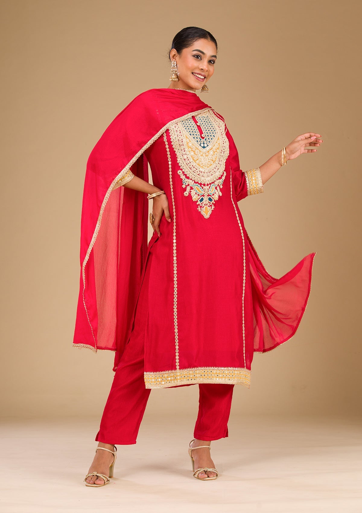 Red Zariwork Semi Crepe Readymade Salwar Suit-Koskii