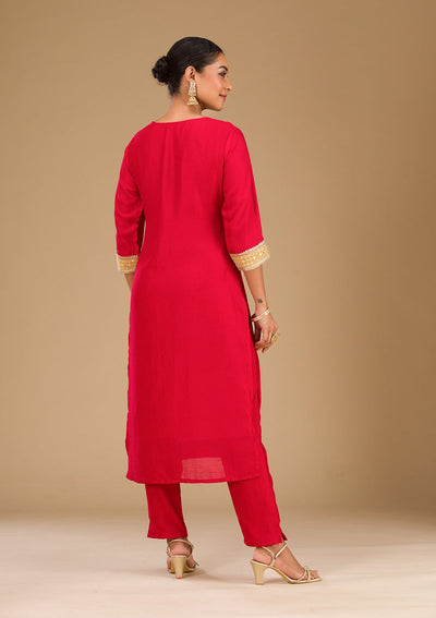 Red Zariwork Semi Crepe Readymade Salwar Suit-Koskii