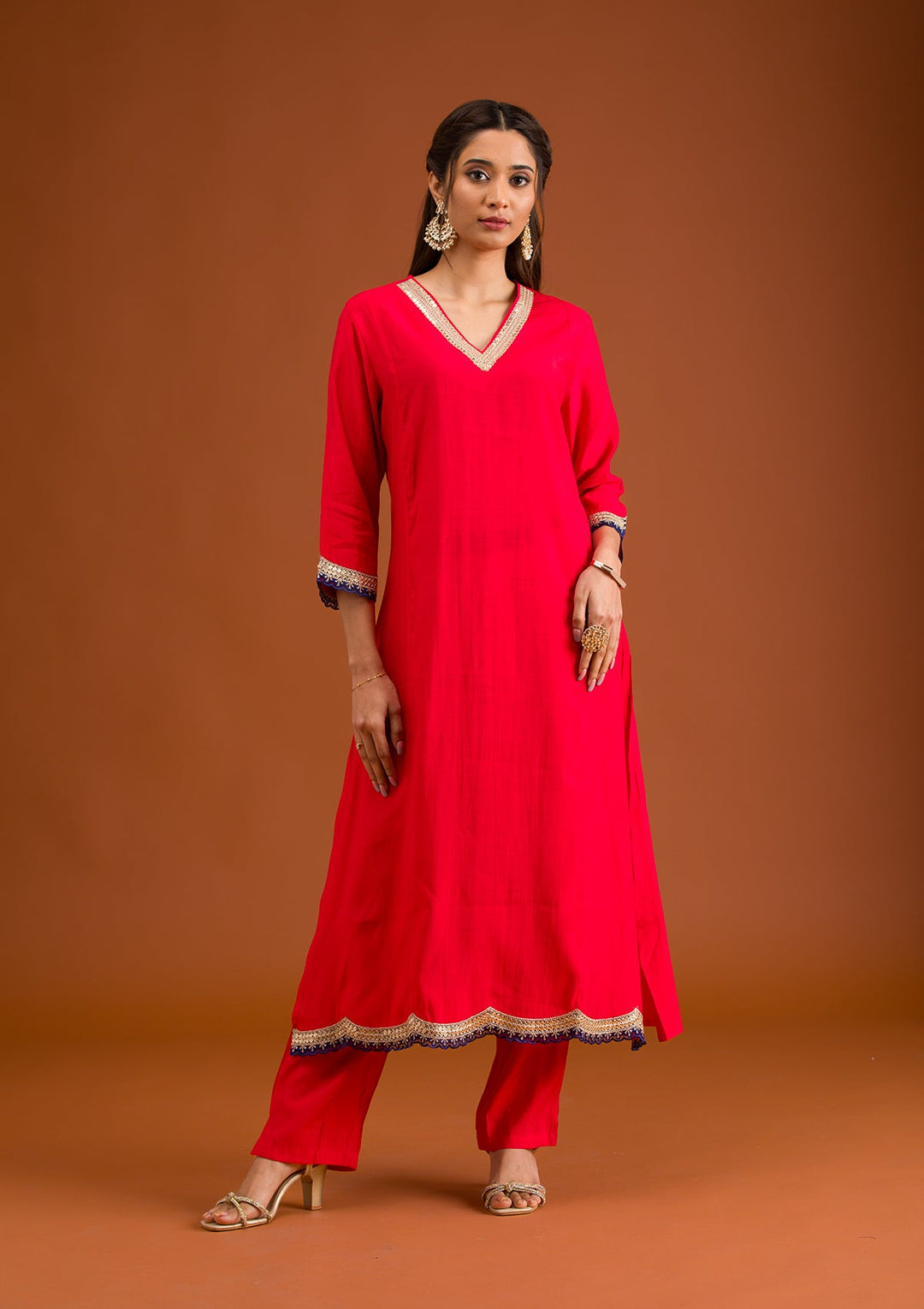 Red Zariwork Semi Crepe Readymade Salwar Suit-Koskii