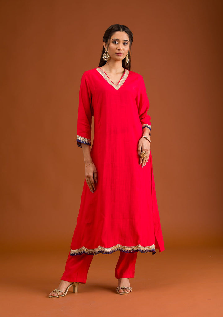 Red Zariwork Semi Crepe Readymade Salwar Suit-Koskii
