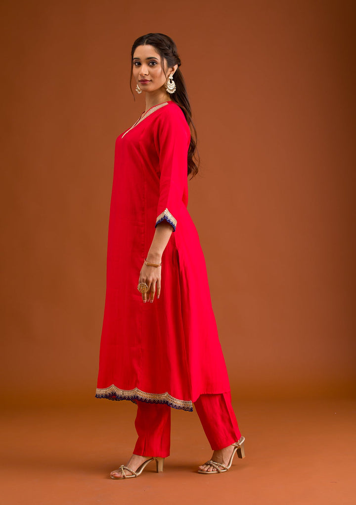 Red Zariwork Semi Crepe Readymade Salwar Suit-Koskii