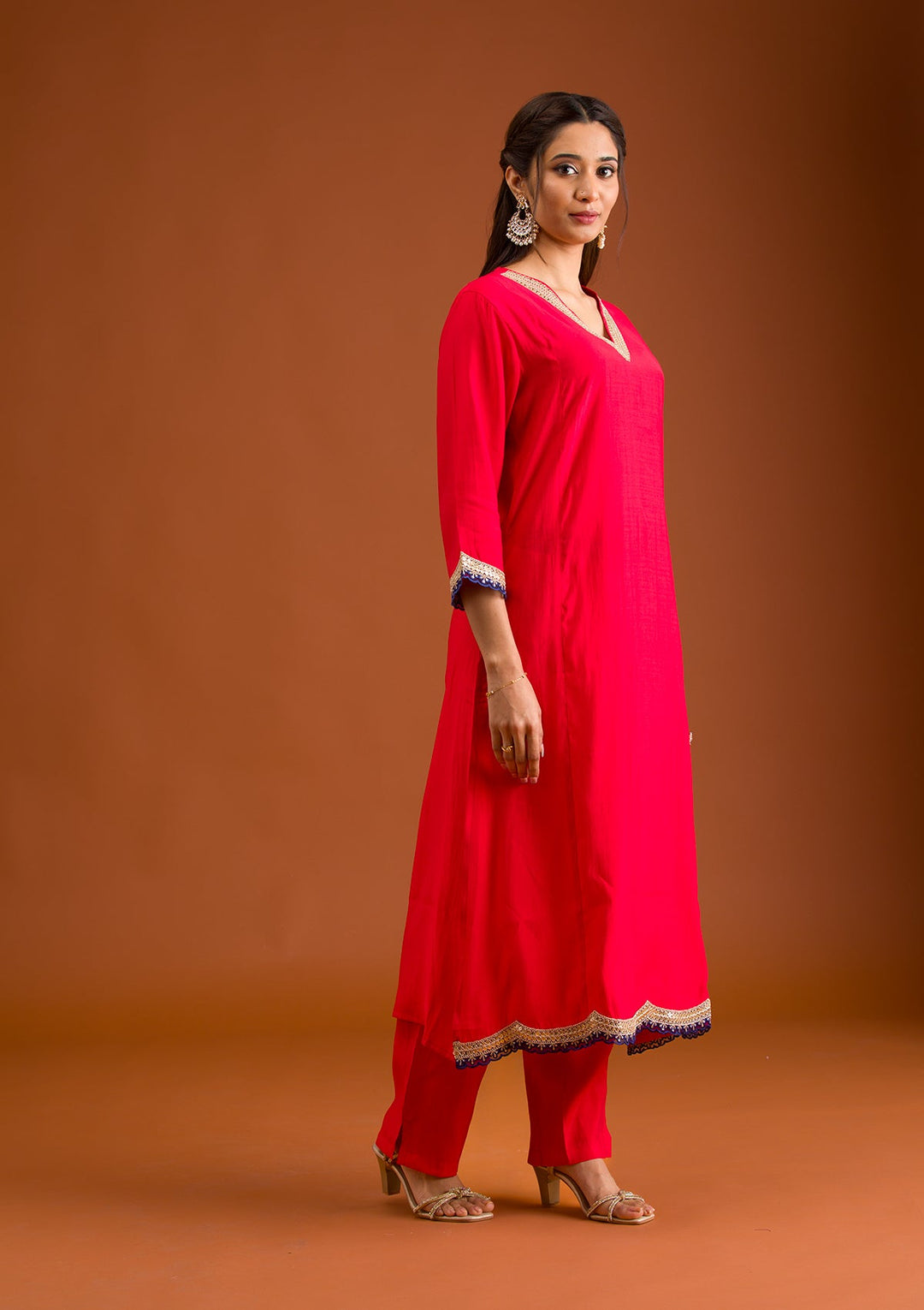 Red Zariwork Semi Crepe Readymade Salwar Suit-Koskii