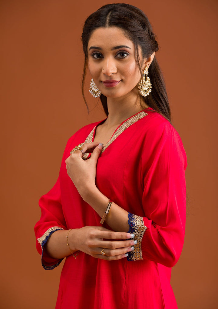 Red Zariwork Semi Crepe Readymade Salwar Suit-Koskii