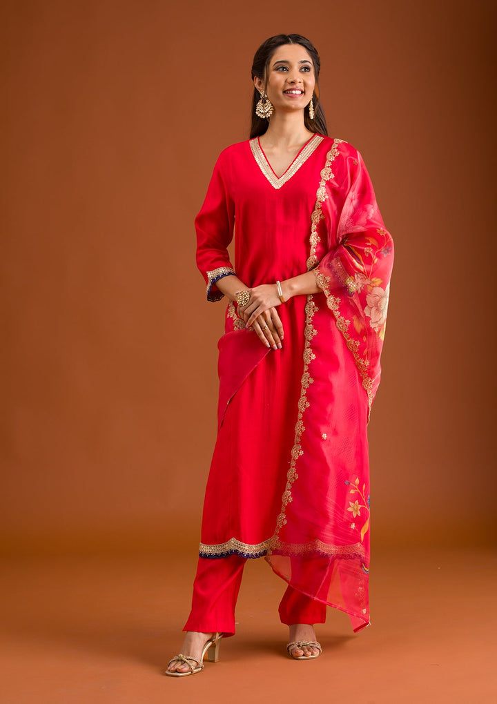 Red Zariwork Semi Crepe Readymade Salwar Suit-Koskii