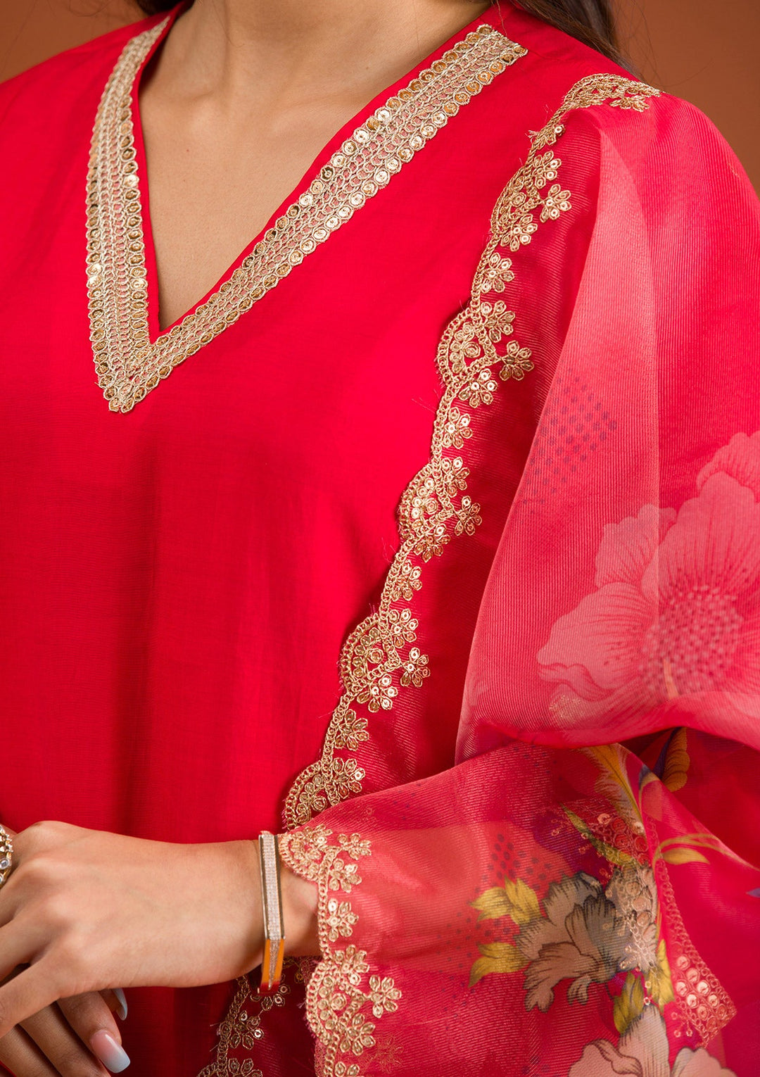 Red Zariwork Semi Crepe Readymade Salwar Suit-Koskii