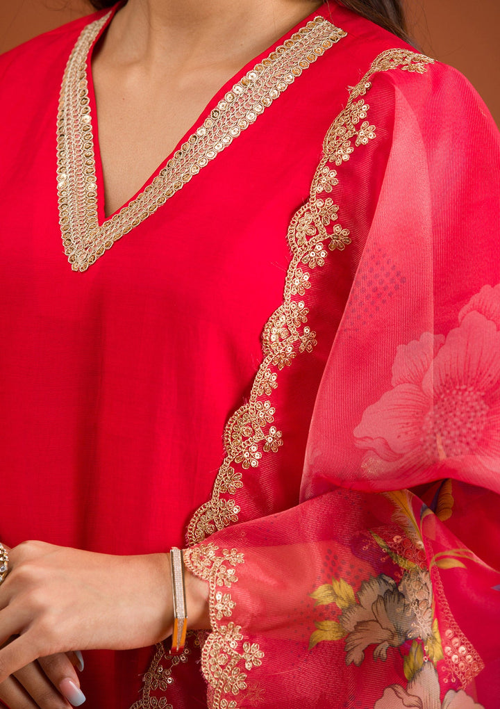 Red Zariwork Semi Crepe Readymade Salwar Suit-Koskii