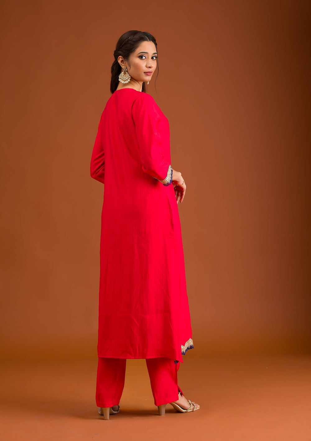 Red Zariwork Semi Crepe Readymade Salwar Suit-Koskii