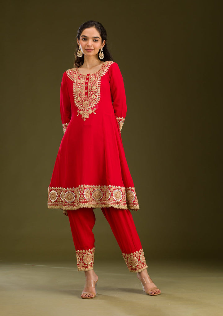 Red Zariwork Semi Crepe Readymade Salwar Suit-Koskii