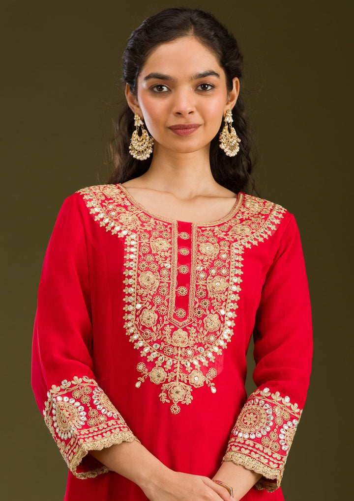 Red Zariwork Semi Crepe Readymade Salwar Suit-Koskii