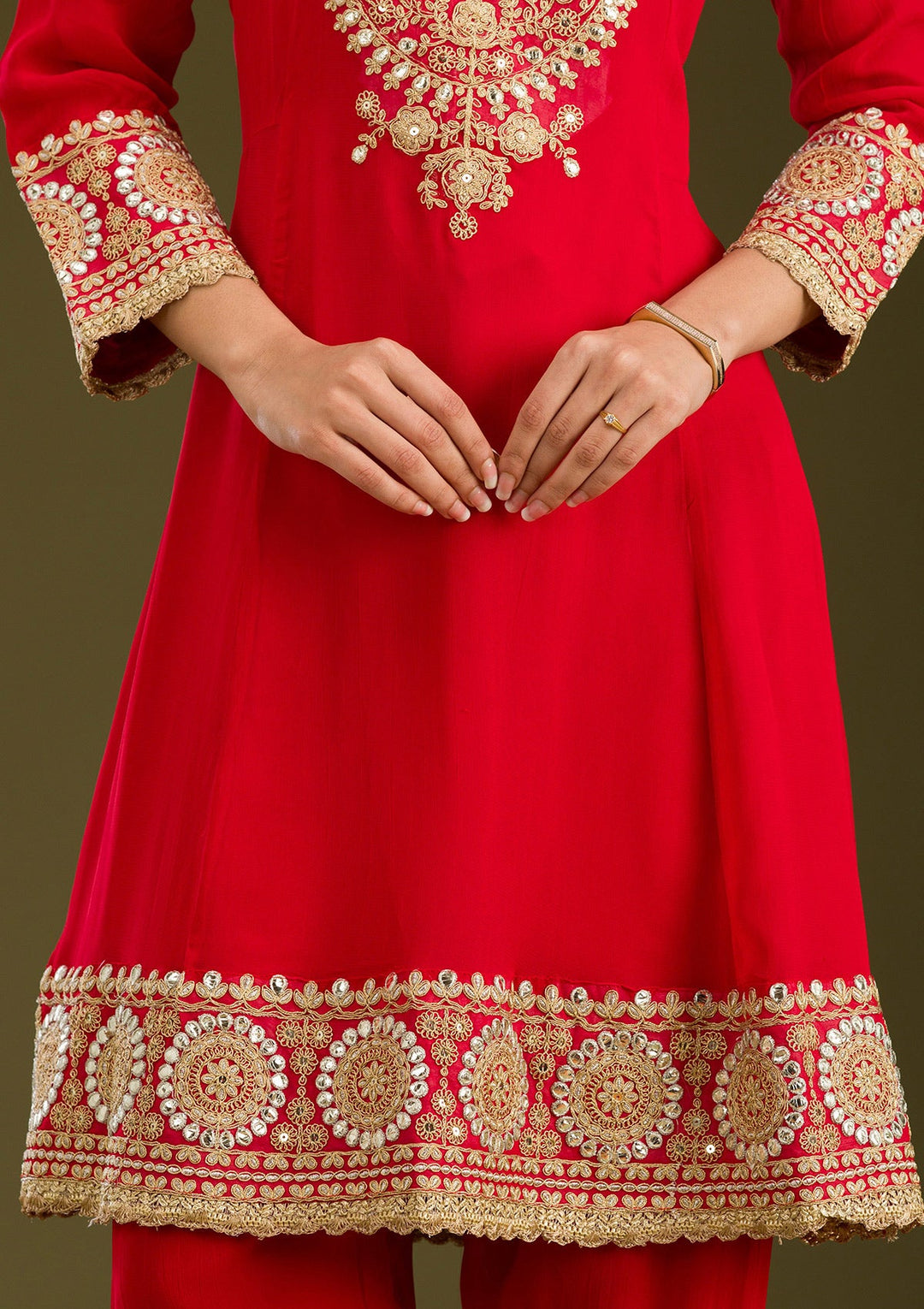 Red Zariwork Semi Crepe Readymade Salwar Suit