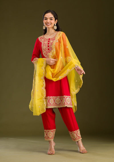 Red Zariwork Semi Crepe Readymade Salwar Suit-Koskii