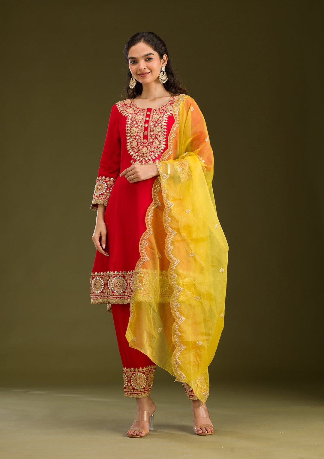 Red Zariwork Semi Crepe Readymade Salwar Suit