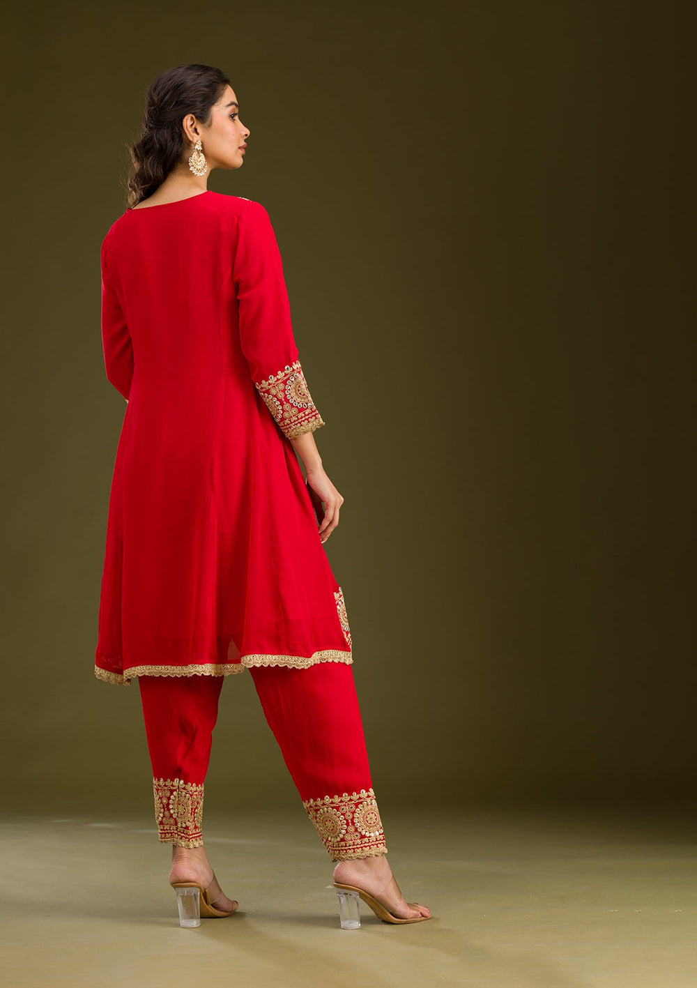 Red Zariwork Semi Crepe Readymade Salwar Suit-Koskii