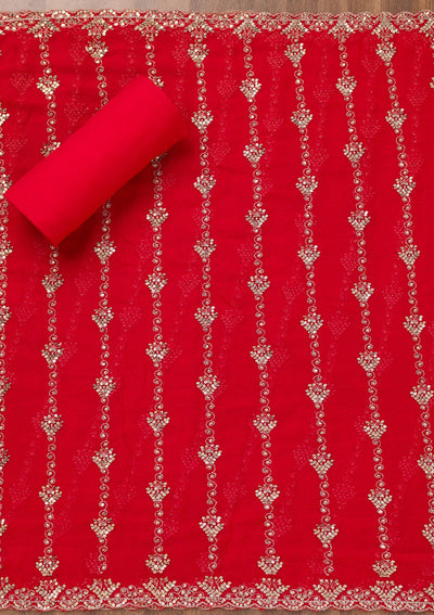 Red Zariwork Semi Crepe Unstitched Salwar Suit-Koskii