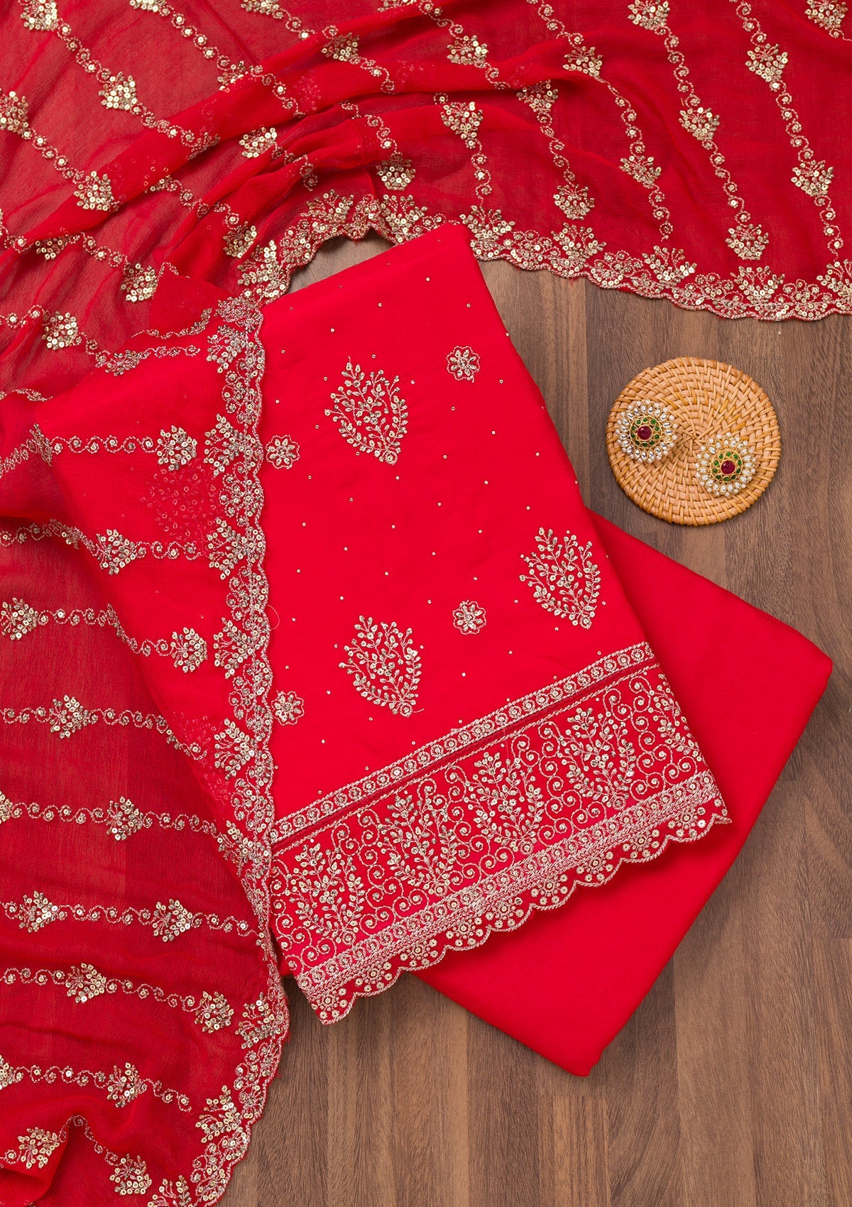 Red Zariwork Semi Crepe Unstitched Salwar Suit-Koskii