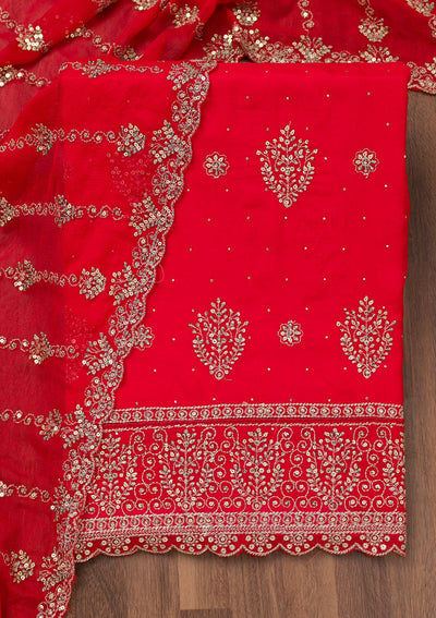 Red Zariwork Semi Crepe Unstitched Salwar Suit-Koskii