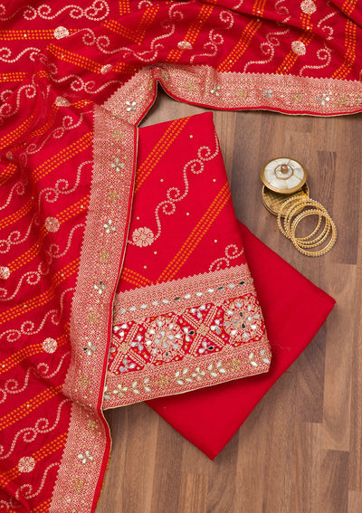 Red Zariwork Semi Crepe Unstitched Salwar Suit-Koskii