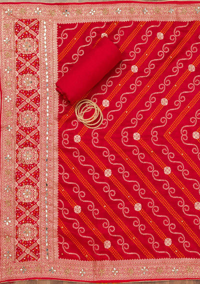 Red Zariwork Semi Crepe Unstitched Salwar Suit-Koskii