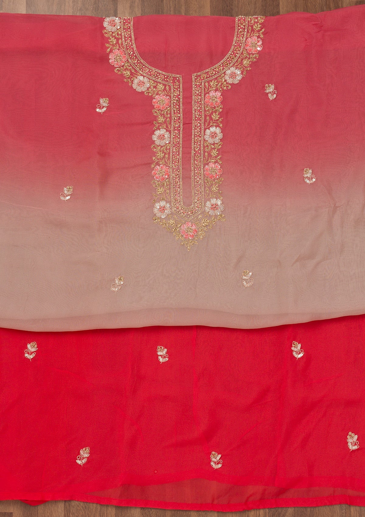 Red Zariwork Semi Crepe Unstitched Salwar Suit-Koskii