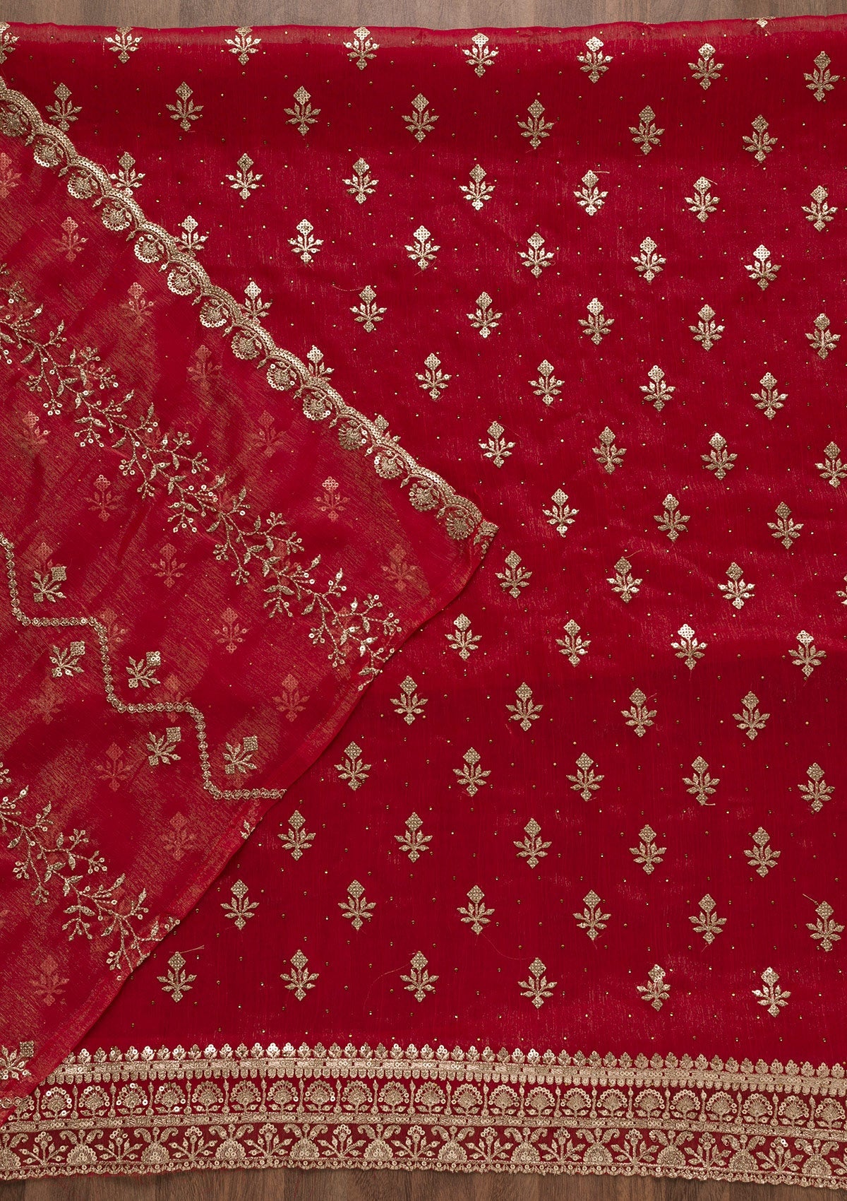 Red Zariwork Shimmer Georgette Unstitched Salwar Suit-Koskii