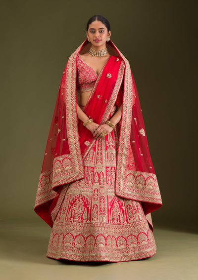 Red Zariwork Silk Readymade Lehenga-Koskii